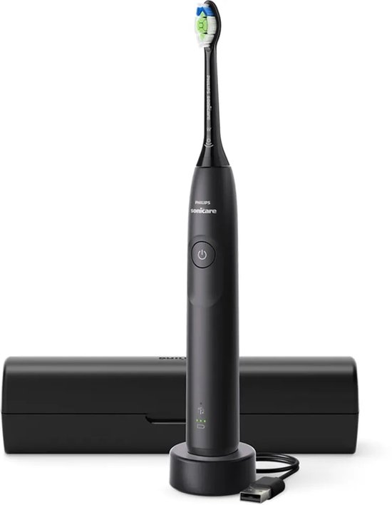 Zwarte Philips Sonicare elektrische tandenborstel op oplader met reisetui.