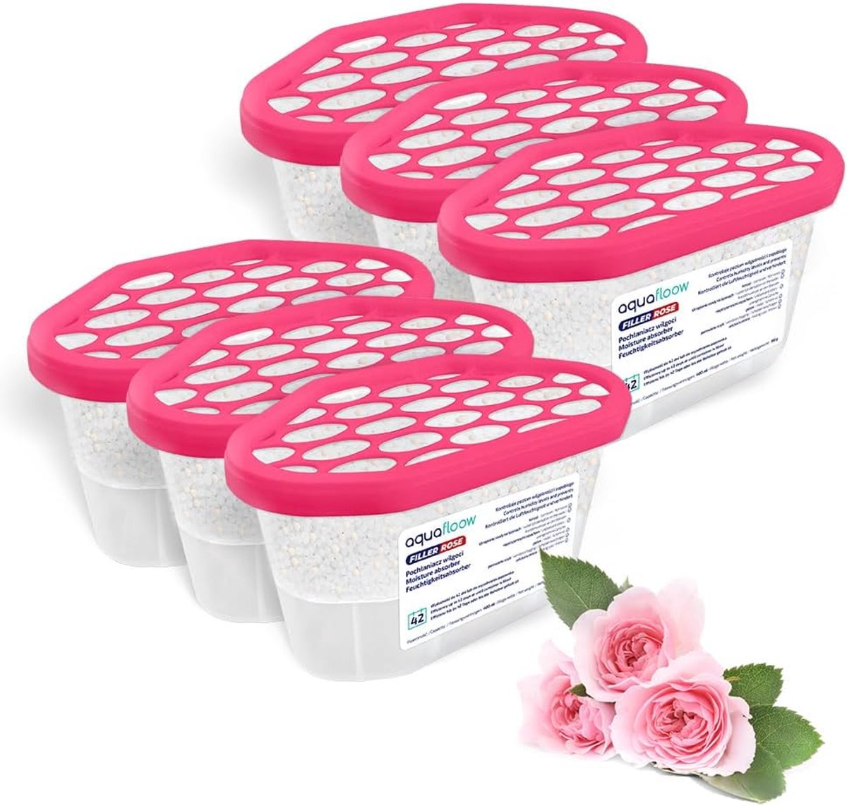 SnelShoppen - 6x Aquafloow Vochtabsorber 400ml - Voorkomt Vocht en Geurtjes - Ideaal voor Keuken, Badkamer, Kast en Studieplek - Roze