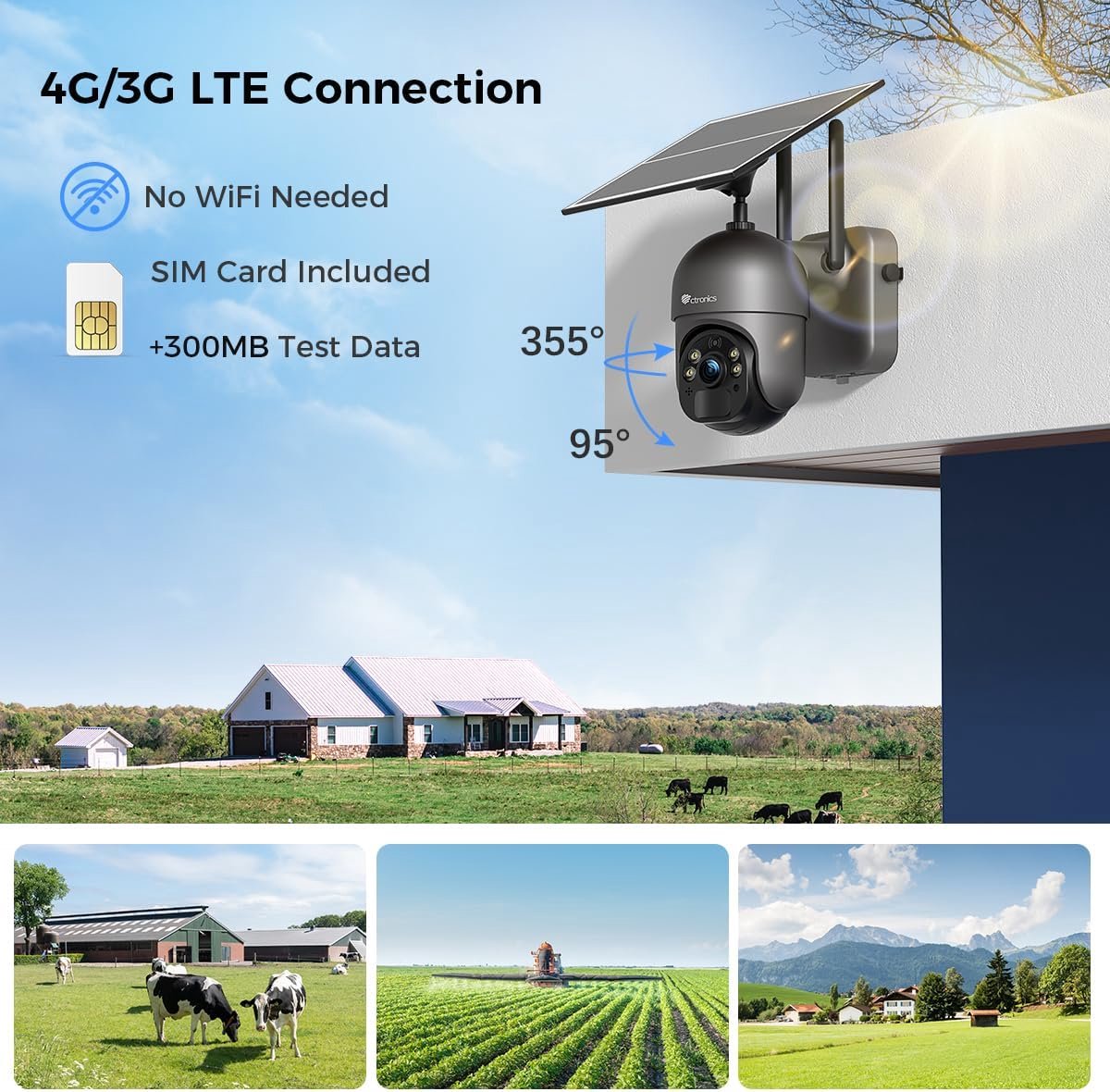 SnelShoppen - 4MP 4G LTE Draadloze Buitenbeveiligingscamera met SIM Kaart, 2.5K Zonne-energie Camera, 30 m Kleur Nachtzicht, PIR Detectie, Rotatie 355