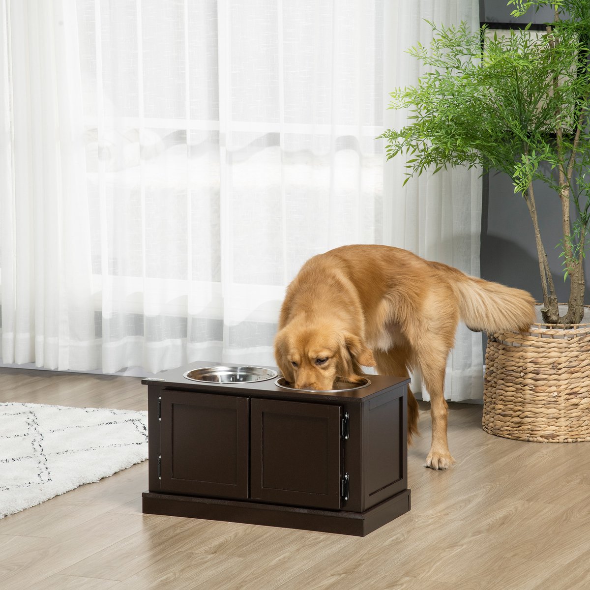 FloraGrace Voerbak – Verhoogd Met Opbergruimte – 60 x 30 x 34 cm – MDF En Roestvrij Staal – Koffie – Dubbele Hondenvoerbak Voor Grote Honden