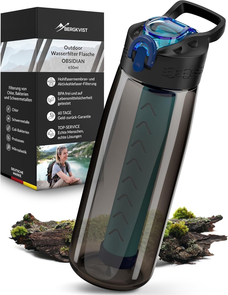 SnelShoppen - Outdoor Water Filter Bottle 650ml met Kompas - Drinkfles met Filter voor Schoon Drinkwater - Waterbehandeling voor Camping, Hiking, Surv