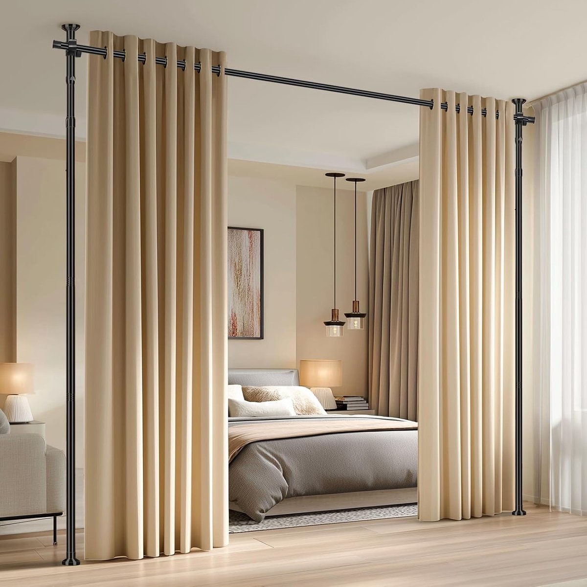 SnelShoppen - Tension Room Divider Systeem zonder Boren - Verstelbare Gordijnenstang 110-300 cm, Zwart voor Huurwoning, Thuiswerkplek, Balkon