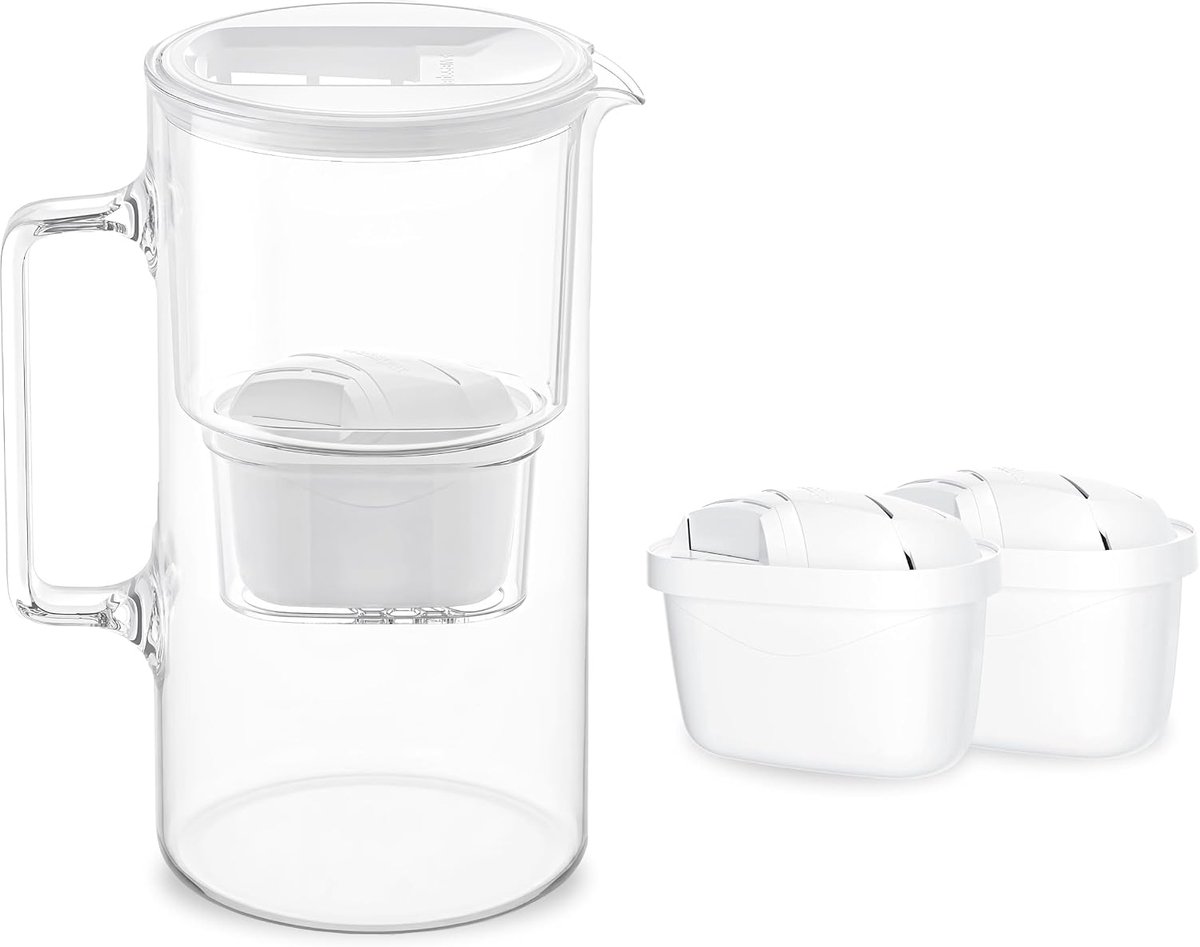 SnelShoppen - Waterfilterkan 3 Litre - Borosilicaat Glas - Inclusief 2 Filters - Waterfilter, Glazen Karaf voor Keuken en Feest - Wit