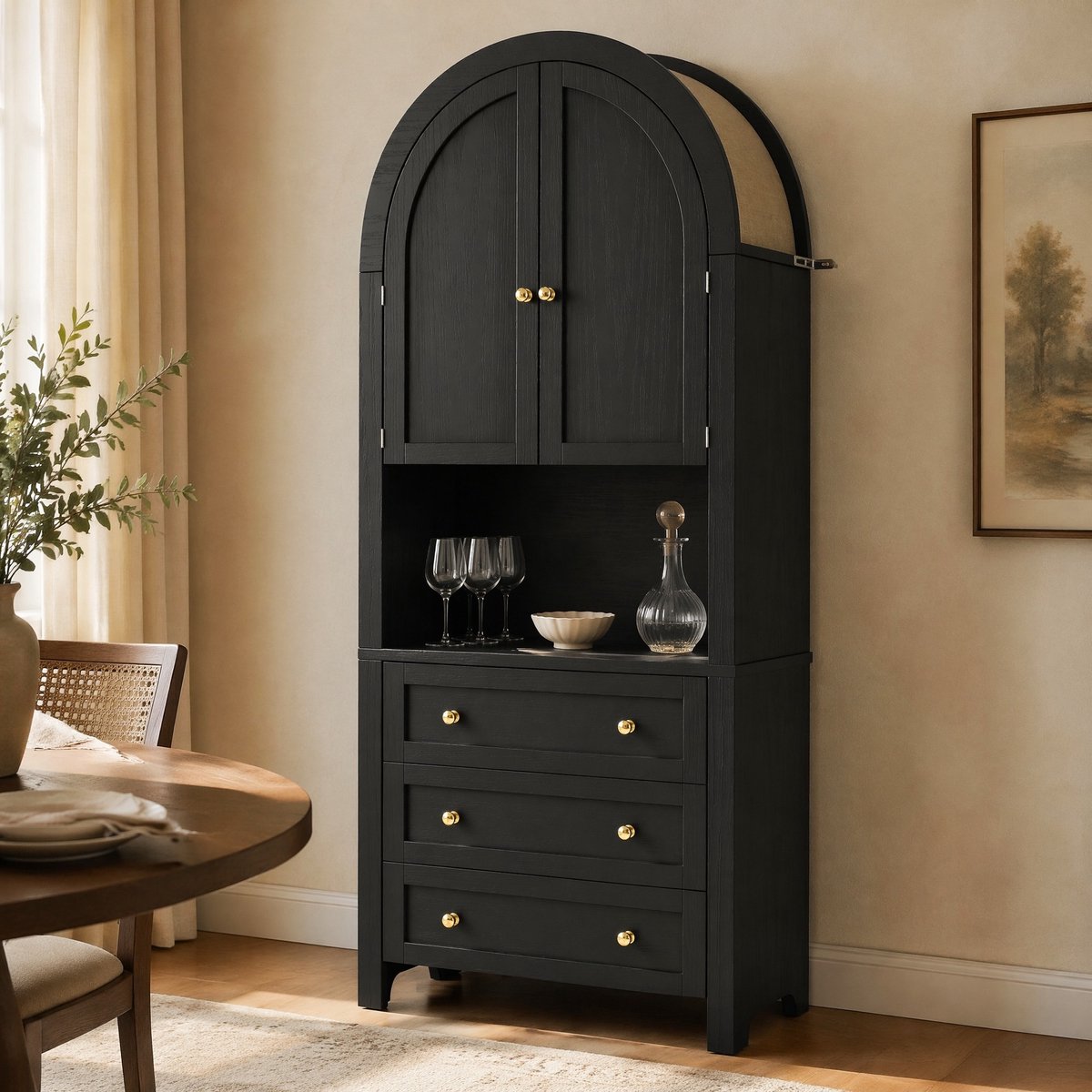 Wishdor - Buffetkast - Hoge boogkast met 3 lades en open vak - design stijl - voor keuken en woonkamer - bewerkt hout en metaal - zwart - 70 x 35 x 180 cm