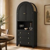 Wishdor - Buffetkast - Hoge boogkast met 3 lades en open vak - design stijl - voor keuken en woonkamer - bewerkt hout en metaal - zwart - 70 x 35 x 180 cm