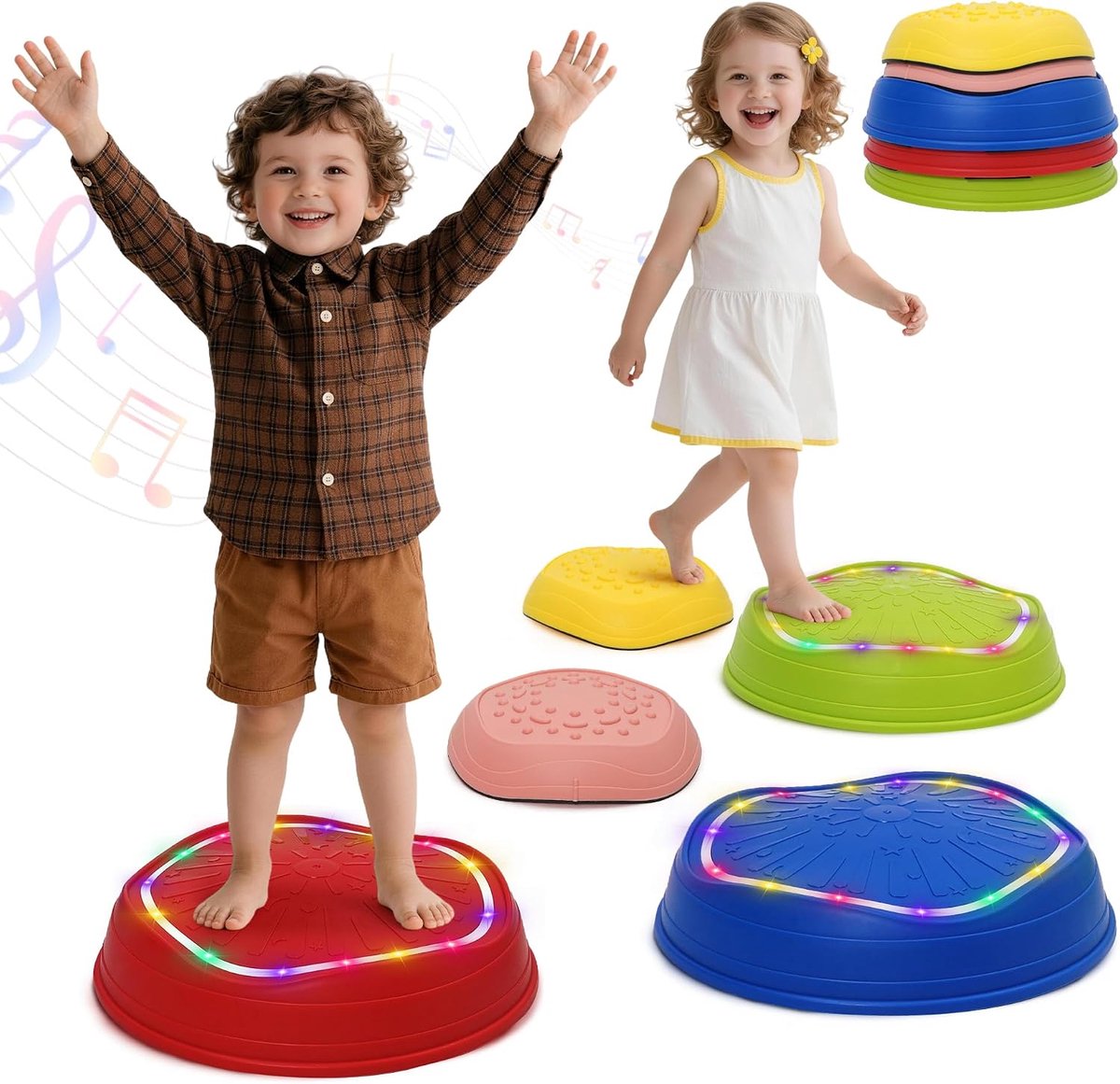 SnelShoppen - Muzieklicht Balansstenen 5 Stuks - Sensorische Antislip Stapstenen voor Kinderen - Motoriek Speelgoed voor Binnen en Buiten - Evenwichts