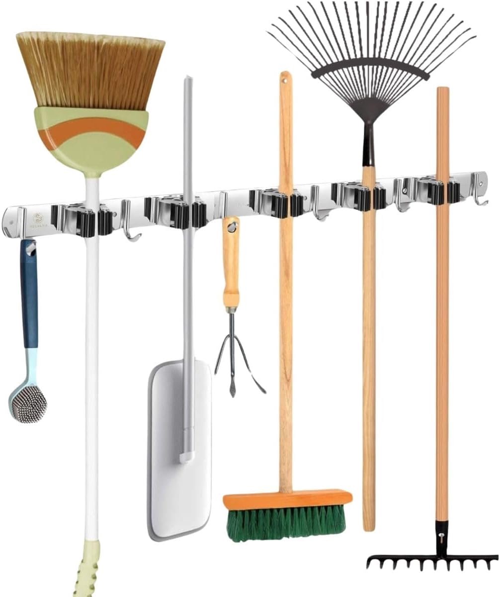 SnelShoppen - Broom Holder - Broom Hanging System - Tuin Gereedschap Houder - 60 CM RVS met 6 Haken - Multi-Purpose voor Mop, Bezem, Tuin Tools en Sch