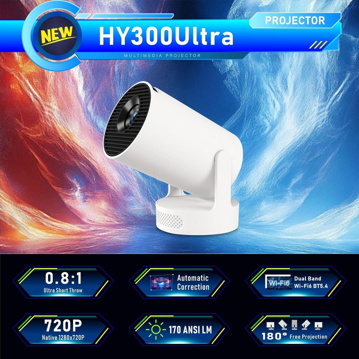 SnelShoppen - HY300 PRO Mini Projector, Draagbare 4K 1080P Projector met Android 11, WiFi 6, Bluetooth 5.0, Airplay & Miracast Ondersteuning voor Thui