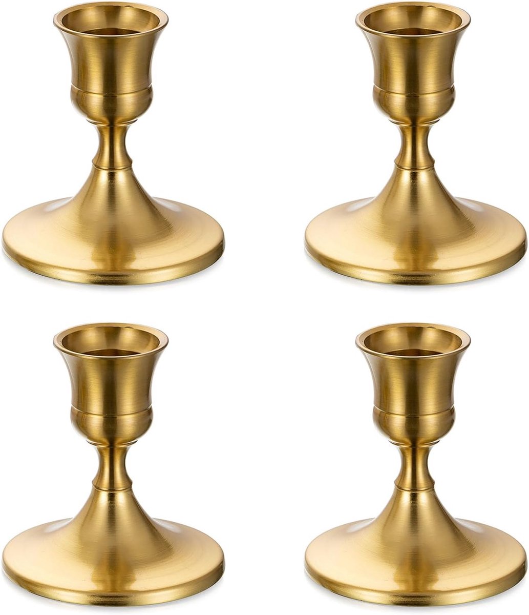 SnelShoppen - 4 Stuks Gouden Kaarsenhouders - Vintage Modern Decoratie voor Tafel - Metalen Kaarsenstandaard voor Bruiloft, Kerst, Advent en Woonkamer