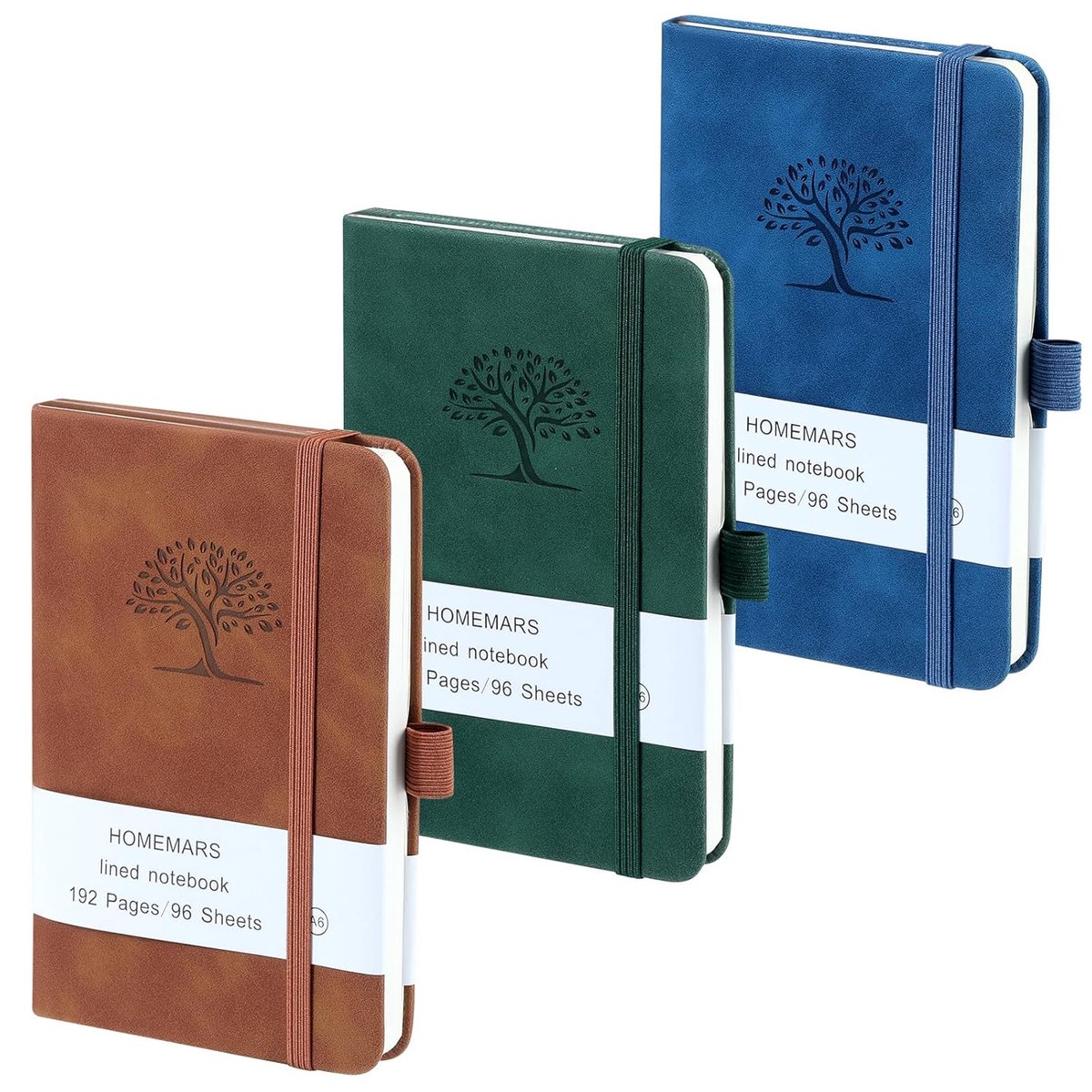 SnelShoppen - A6 Notebooks Set van 3, Notitieboekjes 14.5 cm x 9.7 cm, Bruin, Groen, Blauw, 192 Pagina's, Leer Notitieboek, Reisjournal, Gegraveerde B