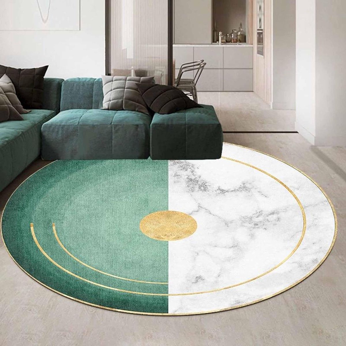 Rond Vloerkleed - Karpet Tapijt - Woonkamer Decoratie - Antislip Achterkant - 250CM - Turquoise Wit Goud