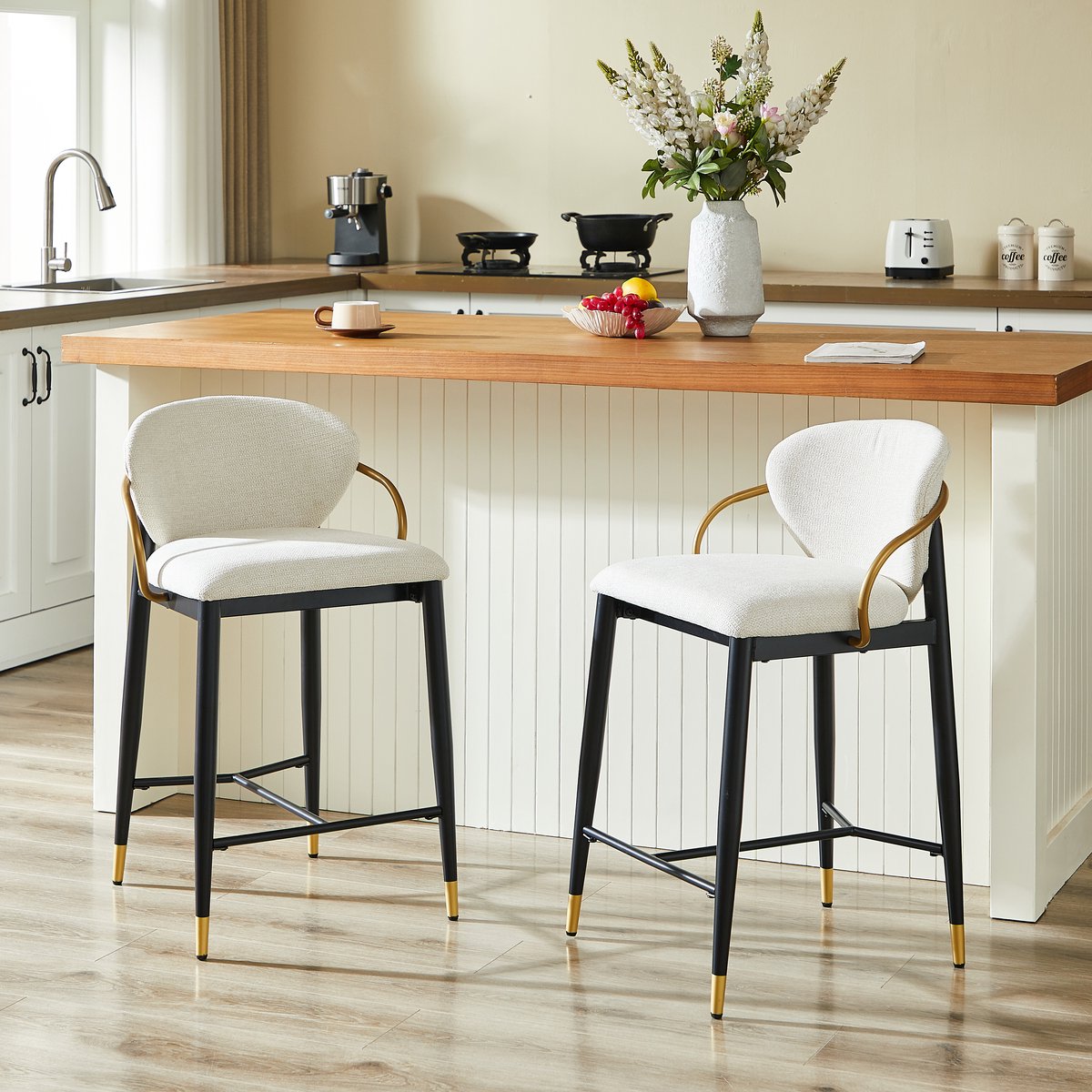 MODENUIT Barkruk 52 x 57 x 87 cm - In Hoogte Verstelbaar Met Rugleuning En Voetsteun - Keukeneiland - Stof Beige