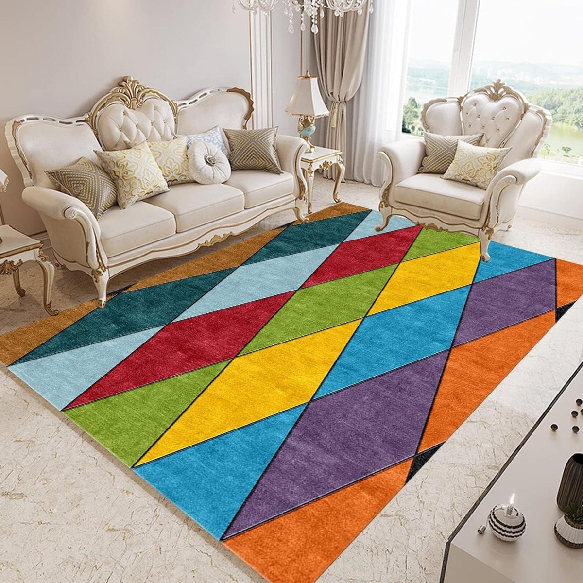 Vloerkleed Zacht Hoogpolig - Decoratief Tapijt - Interieur Decoratie - Antislip Onderkant - Rechthoekig - Geometrisch