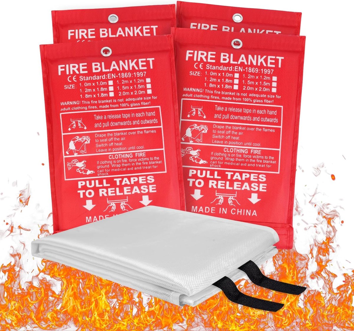 SnelShoppen - 4 Pack Brandblanketten 1m x 1m - Hoog Temperatuur Weerstand - Vlamvertragende Glasvezel Branddeken voor Keuken, Thuis, Kantoor, Caravan,