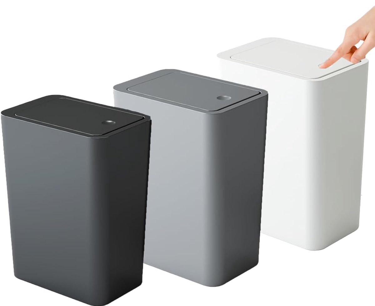 SnelShoppen - 3-delige Prullenbak Set 10L Keuken en Badkamer - Smalle Afvalbak met Deksel, Geurvrij, Zwart/Wit/Grijs - Ideaal voor Woonkamer, Slaapkam