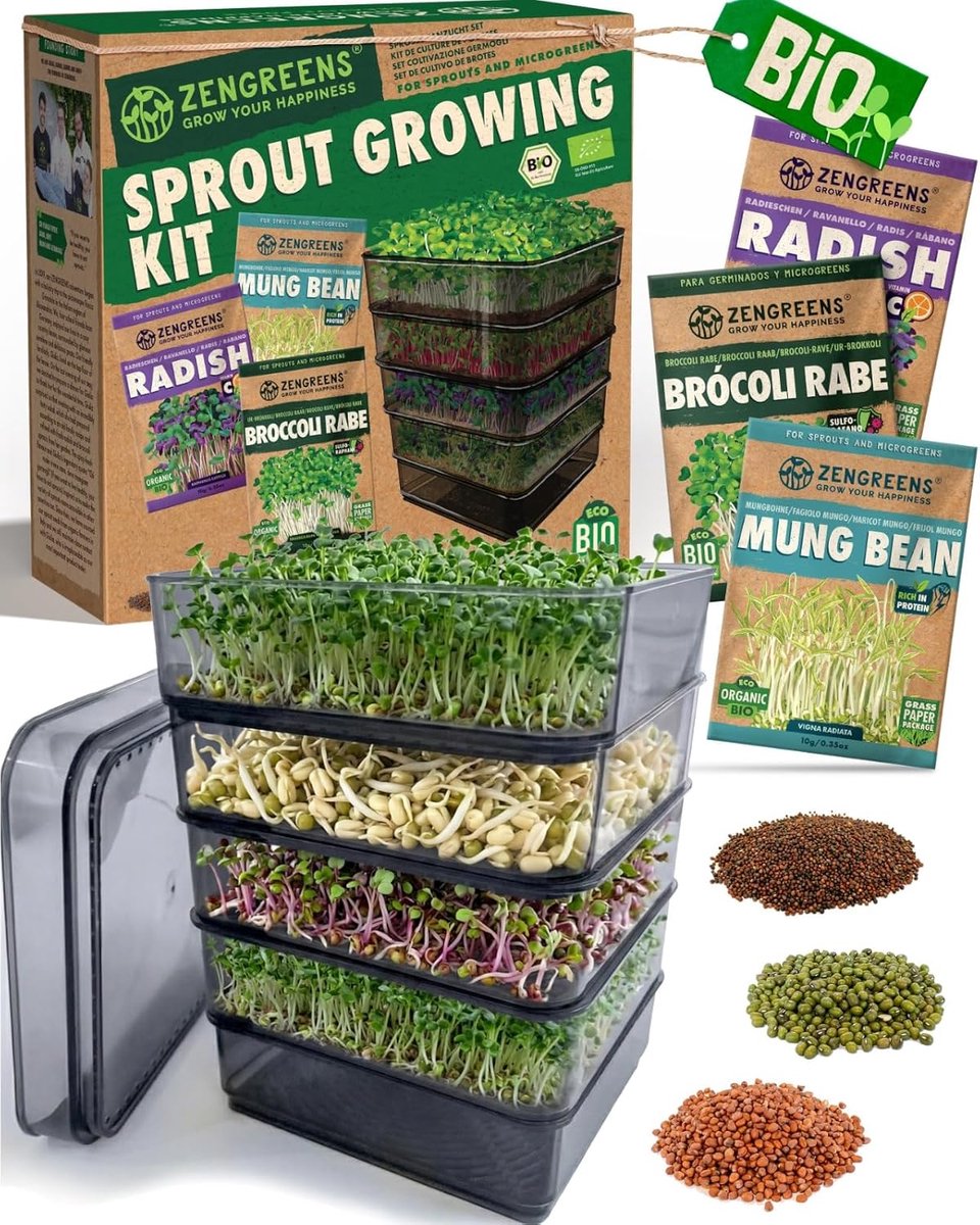 Thijox - Biologische Kweektoren voor Kiemen, 4 Etages, Kiemtoren Set met Kokosschaal en Biologische Zaden, Geschikt voor Keuken en Tuin