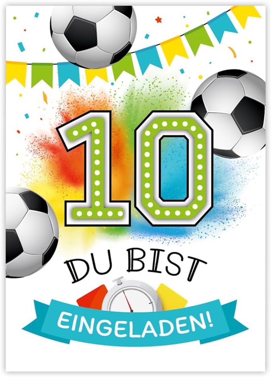 SnelShoppen - 12 Voetbaluitnodigingskaarten 10e Verjaardag Jongens - Kleurrijke Kind uitnodigingen DIN A6 - Stabiliteit 300 g/m² - Perfect voor Feestj
