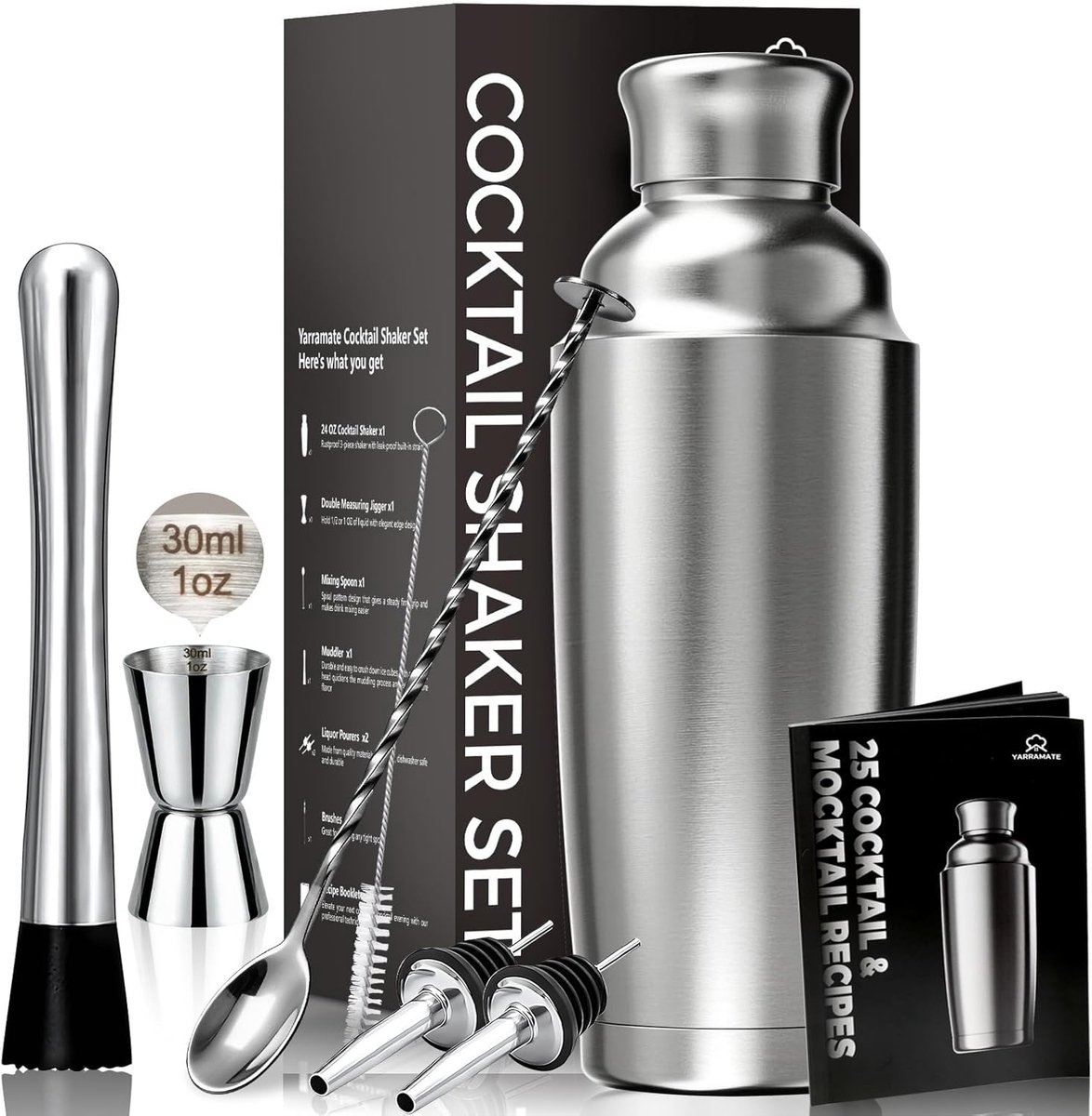 SnelShoppen - Cocktail Shaker Set 700ml - 8-delige RVS Cocktailshaker 304 - Compleet Mixset voor Beginners en Professionals met Jigger en Strainer - P