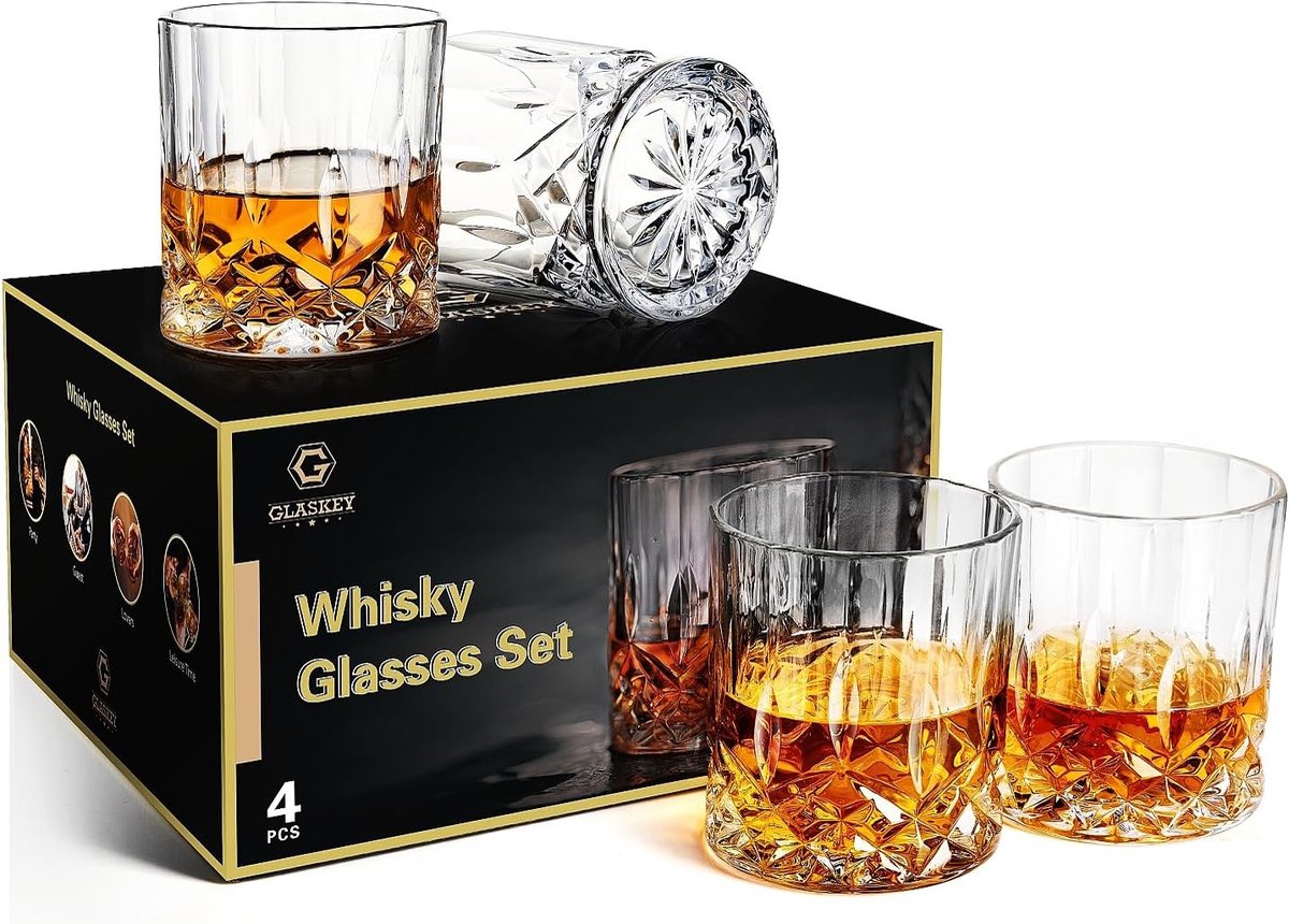 SnelShoppen - Whiskey Glazen Set van 4, 325ml Kristal, Leidingvrij, Perfect voor Whisky, Cocktails, Rum, Vodka, Scotch, Gin, Cognac, Elegant Cadeau vo