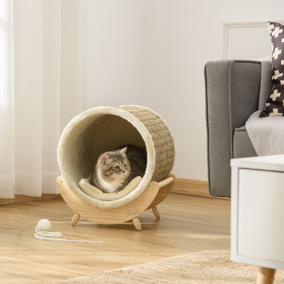 FloraGrace Kattenhuis - Kraboppervlak - 41 x 38 x 43 cm - Hout - Khaki - Verhoogd Kattenbed Met Kussen Voor Binnen