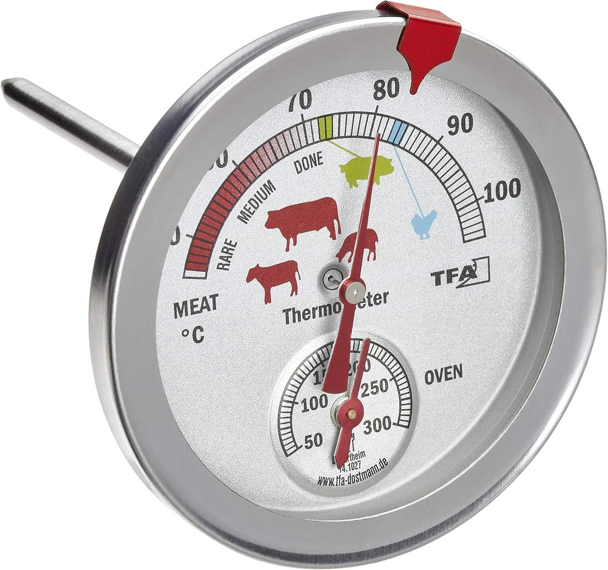 SnelShoppen - Analoge Oven Thermometer RVS - Hittebestendig - 74mm Diameter - 115mm Hoog - Voor Kern Temperatuur Meting - Perfect Voor Vlees, Bakken e