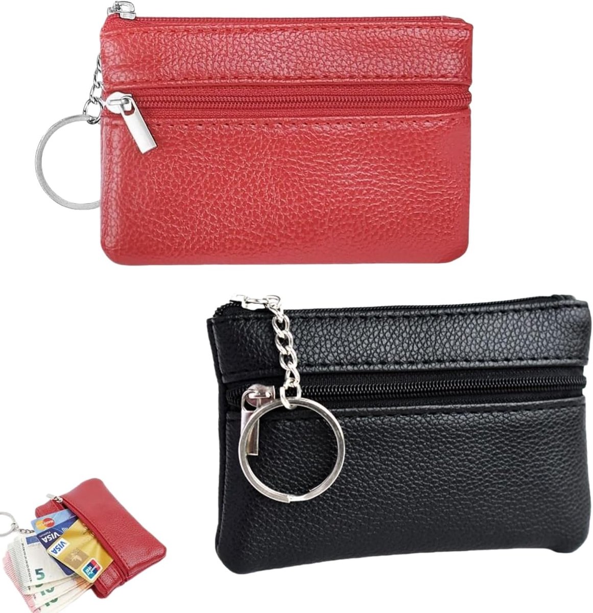 SnelShoppen - Pack van 2 Lederen Sleuteltassen, Zip Sleutelcase, Mini Portemonnee voor Autosleutels en Muntjes, Elegante Sleuteltas voor Mannen en Vro