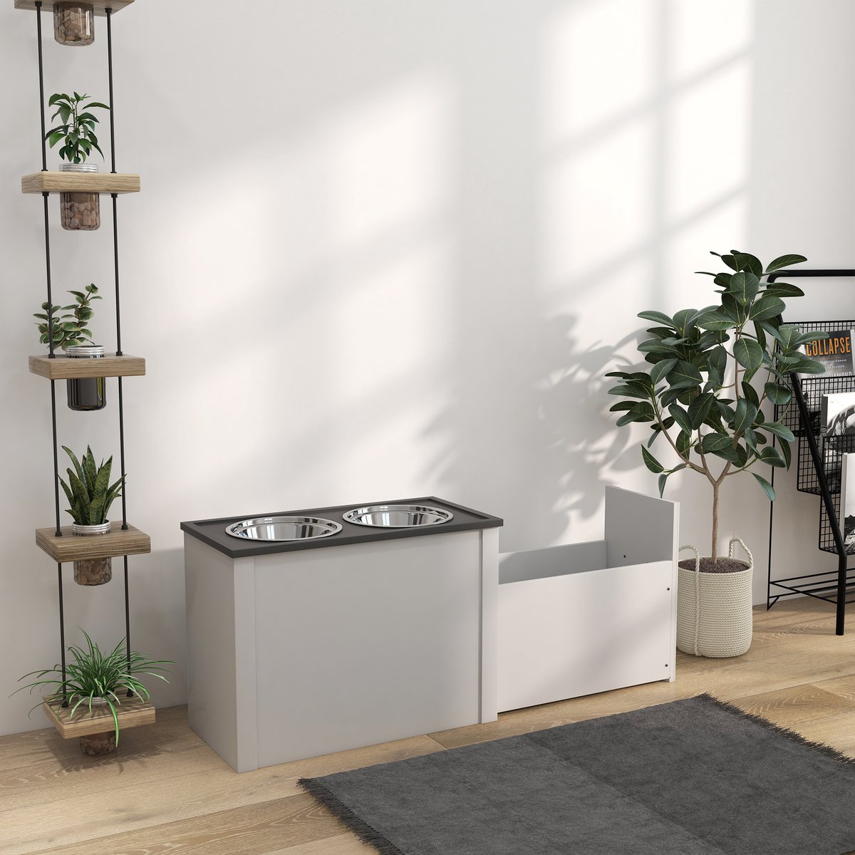 DESMIU Voerbak – Verhoogde Hondenvoerstation Met Opbergruimte – 60 x 30 x 42 cm – MDF En Staal – Wit – Dubbele RVS Schalen Voor Grote Honden