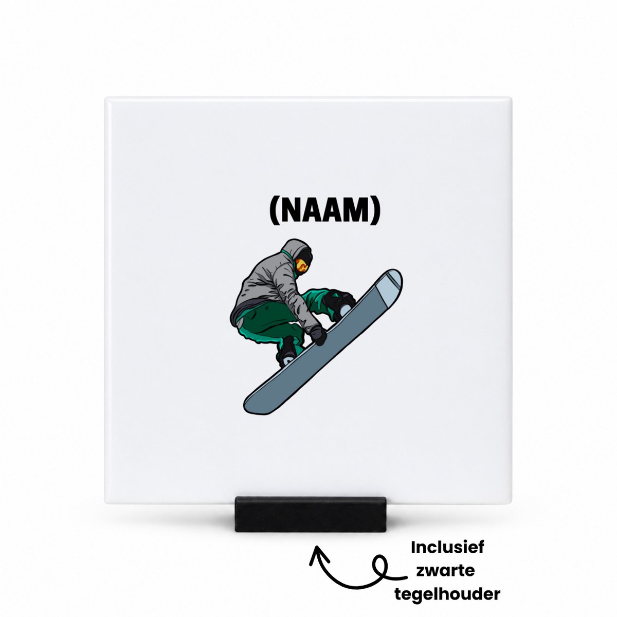 Hacebo Snowboard met eigen naam tegeltje met tegelhouder - Snowboarden - Snowboarders - tegeltjes met tekst - Wintersport - spreuktegels - 10.8x10.8 CM Wit