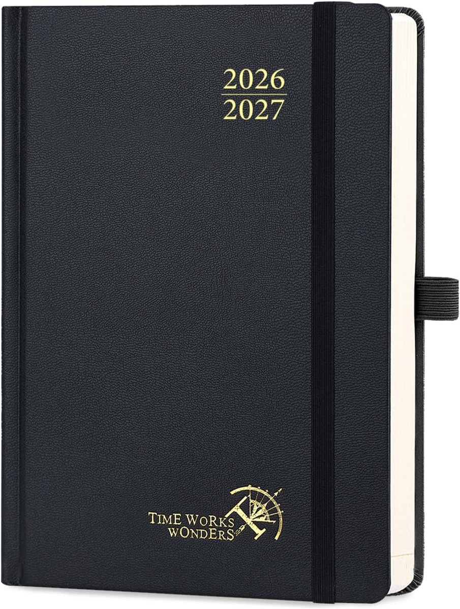 SnelShoppen - Agenda 2026 2027 Weekplanner en Notitieboek A4, 21.5 x 16 cm, Zacht Kaft met Spiral Binding, 80 GSM Papier, Inclusief Liniaal, Zwart