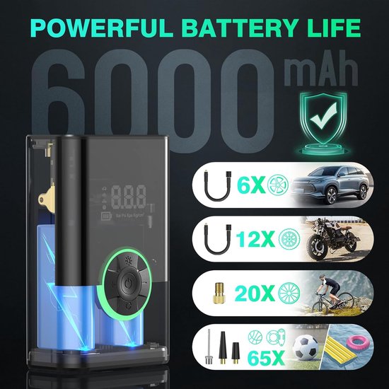 SnelShoppen - Draagbare Mini Luchtcompressor voor Auto, 6000 mAh 150 PSI, Elektrische Fietspomp met Digitale LCD Scherm en LED Zaklamp, Pomp voor Fiet — afbeelding 2