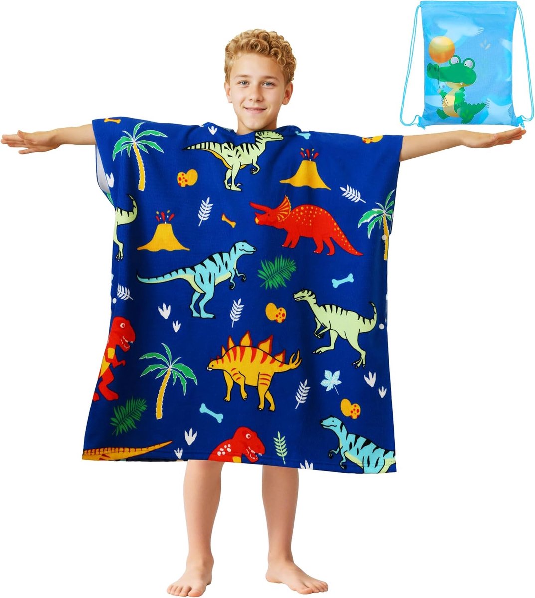 SnelShoppen - Bath Poncho Kinderen Microvezel Badhanddoek met Kap - Grote Poncho 75x180cm - Blauw Dinosaurus - Absorberende Strandhanddoek voor 6-15 J