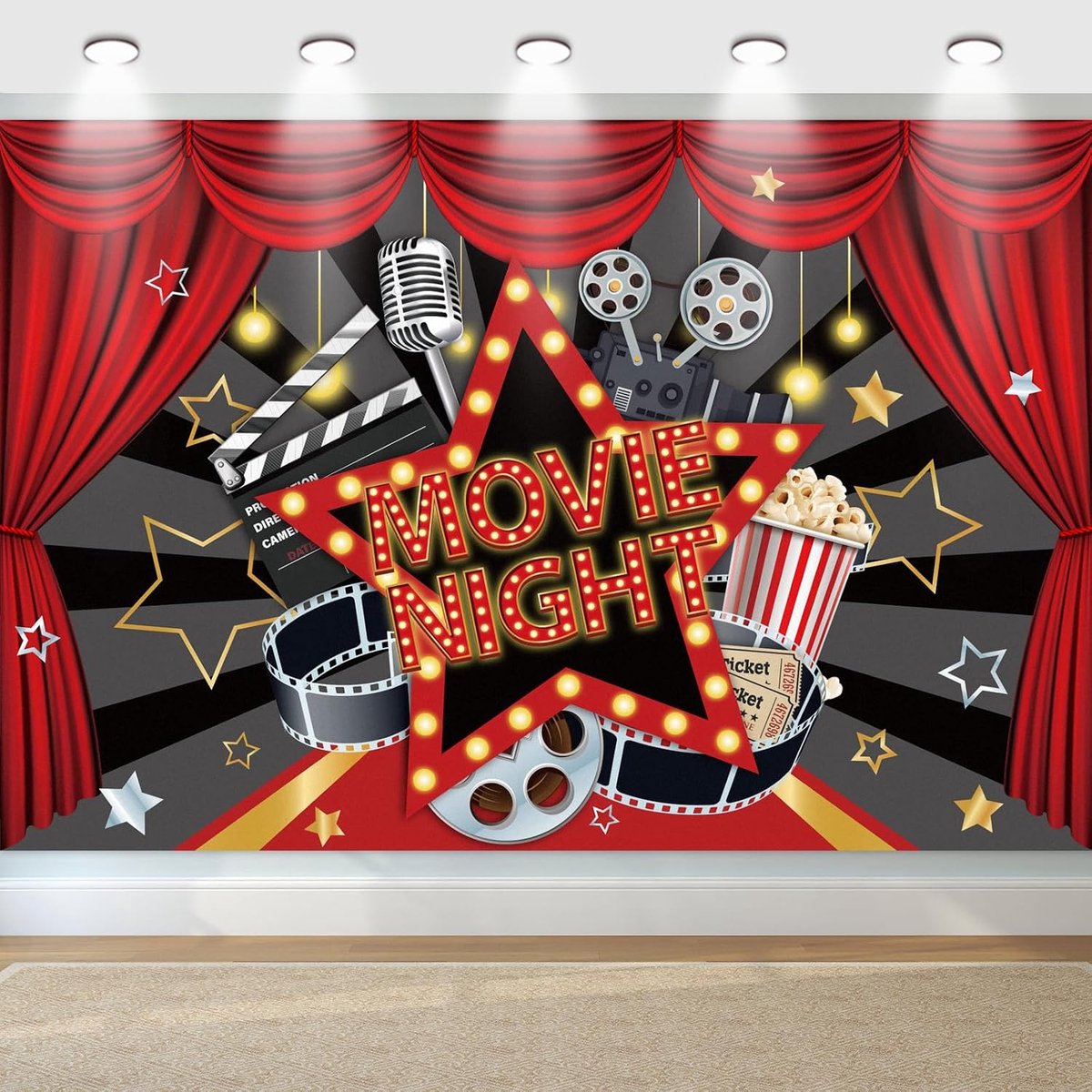 SnelShoppen - Movie Night Decoratie - Movie Night Banner Achtergrond 180x120cm - Cinema Thema Feest Decoratie - Verjaardag, Filmavond, Rode Loper, Pop