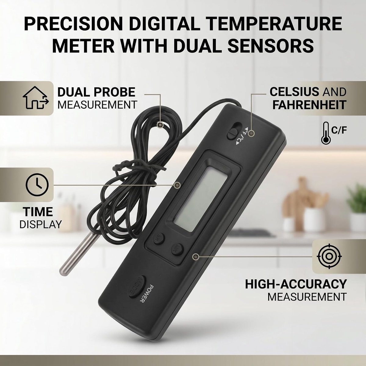 SnelShoppen - Digitale LCD Temperatuur Meter Elektronische Thermometer met Gevoelige Sensor, 2 Meter Probes, Voor Koelkast, Vrijzer, Binnen & Buiten,