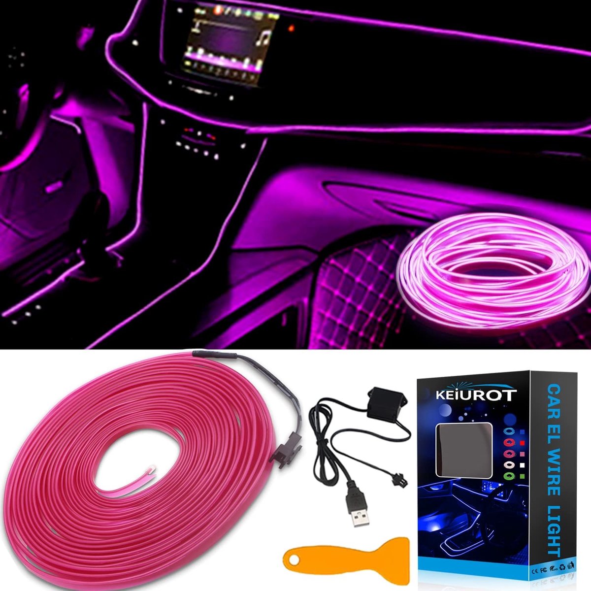 SnelShoppen - LED Strip Auto Interieurverlichting USB Neon Paars EL Draad 10m - Waterdicht 5V Auto Decoratie - Sfeerverlichting voor Auto, Feest, Camp