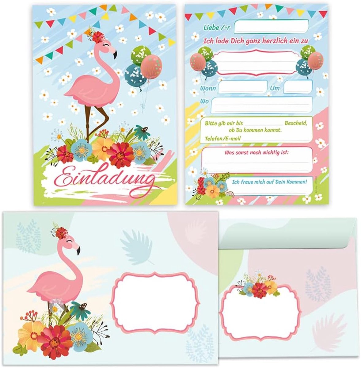 SnelShoppen - 12 Flamingo Uitnodigingskaarten Verjaardag Kind incl. Enveloppen | A6 Formaat | Leuke Feestkaarten voor Meisjes | Perfect voor Kinderfee
