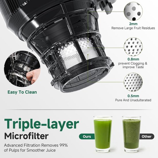 SnelShoppen - Slow Juicer 250W - Automatische Koudgeperste Sapcentrifuge met 150 mm XL Vulopening, 2 Liter Inhoud, Drievoudig Filter, Grijs voor Keuke van Snelshoppen — afbeelding 3