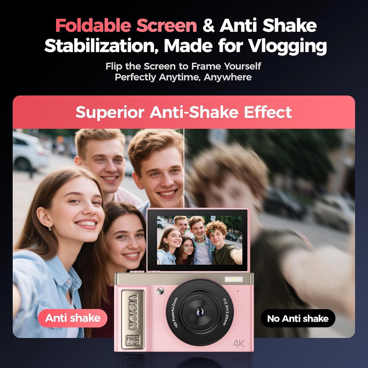 SnelShoppen - 4K Digitale Camera Roze voor Tieners - 64 MP Vlogging Camera met Flip Screen, 16x Zoom - Compacte Fotografie Camera voor Kinderen en You thumbnail 4
