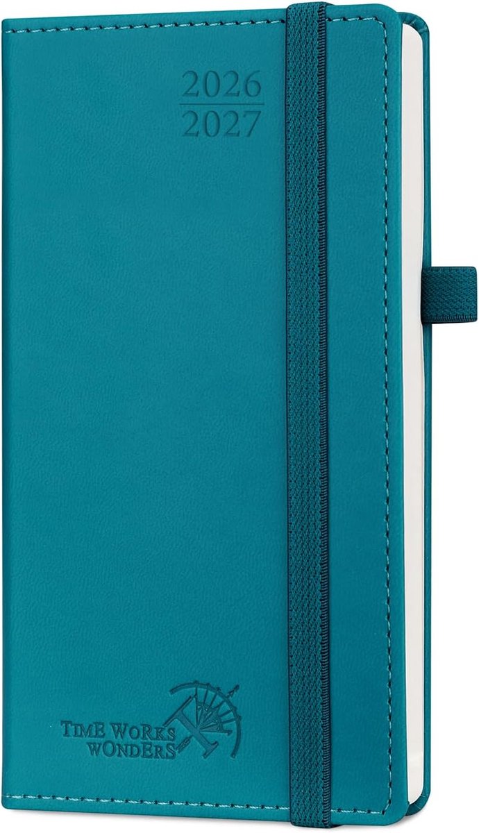 SnelShoppen - Agenda Pocket 2026 2027 Weekplanner 16,5 x 9 cm - 17 Maanden - Harde PU Lederen Kaft - Uurindeling - Papier 80 GSM - Pacificgroen - Hand