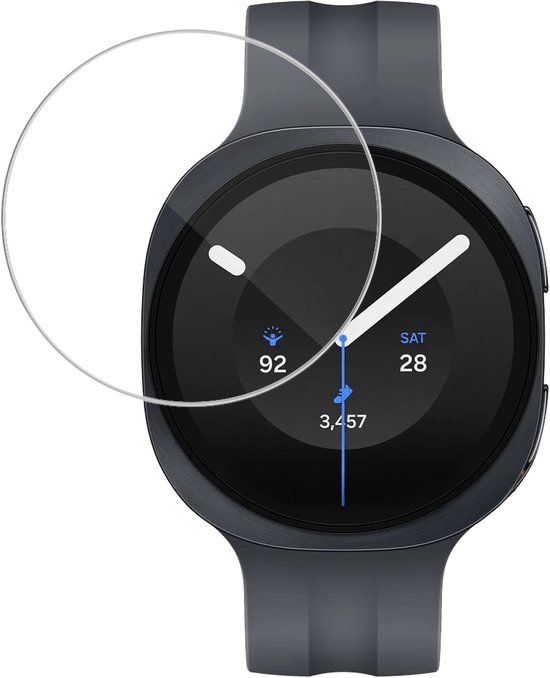 Screenprotector op een donkergrijs horloge met cirkelvormige markeringen om de pasvorm aan te geven.