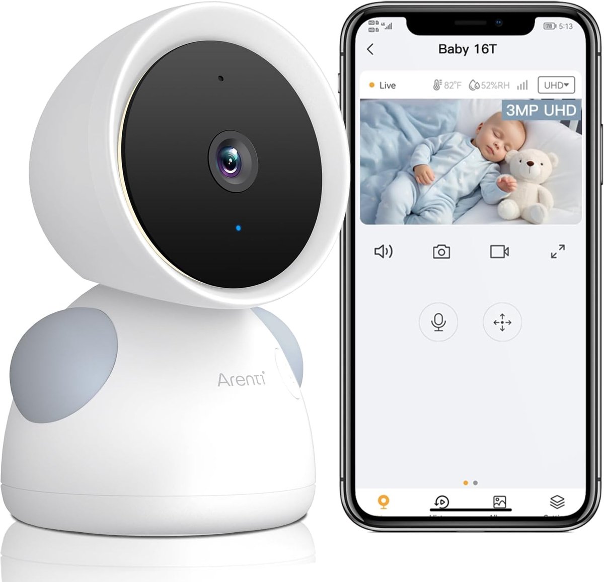 Thijox - ARENTI Babyfoon Camera 3MP met WiFi, Intelligente Detectie, Bidirectioneel Audio, Nachtzicht, Nachtlampje, Slaapliedjes, Temperatuur en Vocht