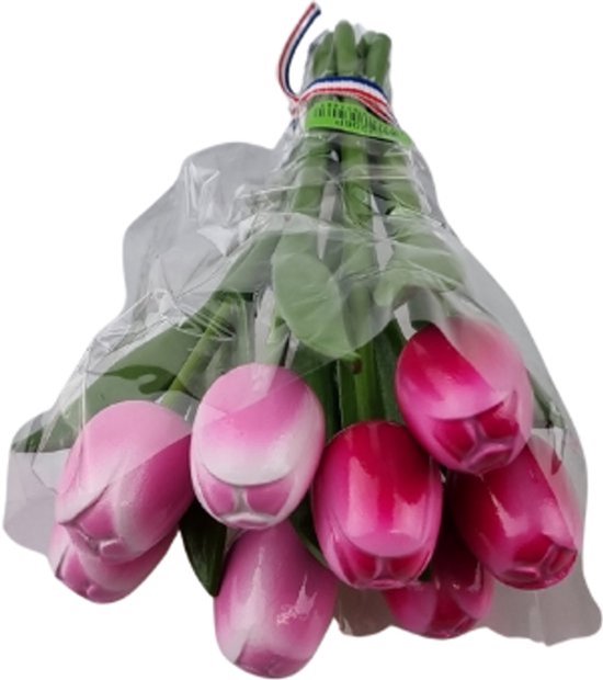 Boeketje houten tulpen lengte 18cm - 8 tulpen in roze tinten