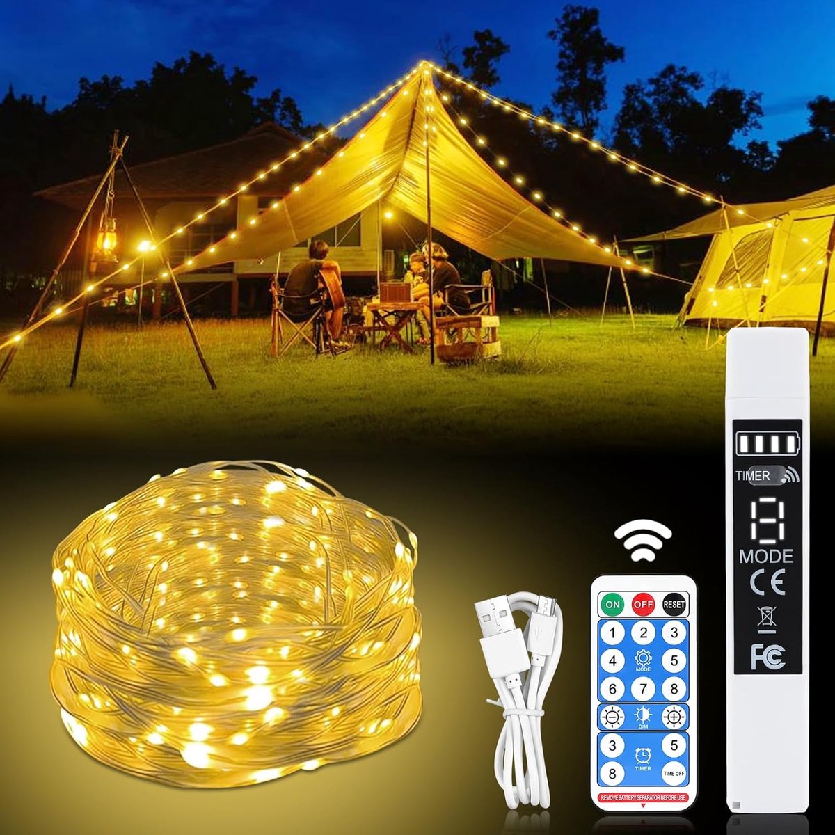SnelShoppen - LED Camping Fairy Lights 10m - Batterij & USB Oplaadbare Lichtketting - 8 Modi - Warm Wit - Buiten & Binnen Decoratie - Tuin, Camping, P