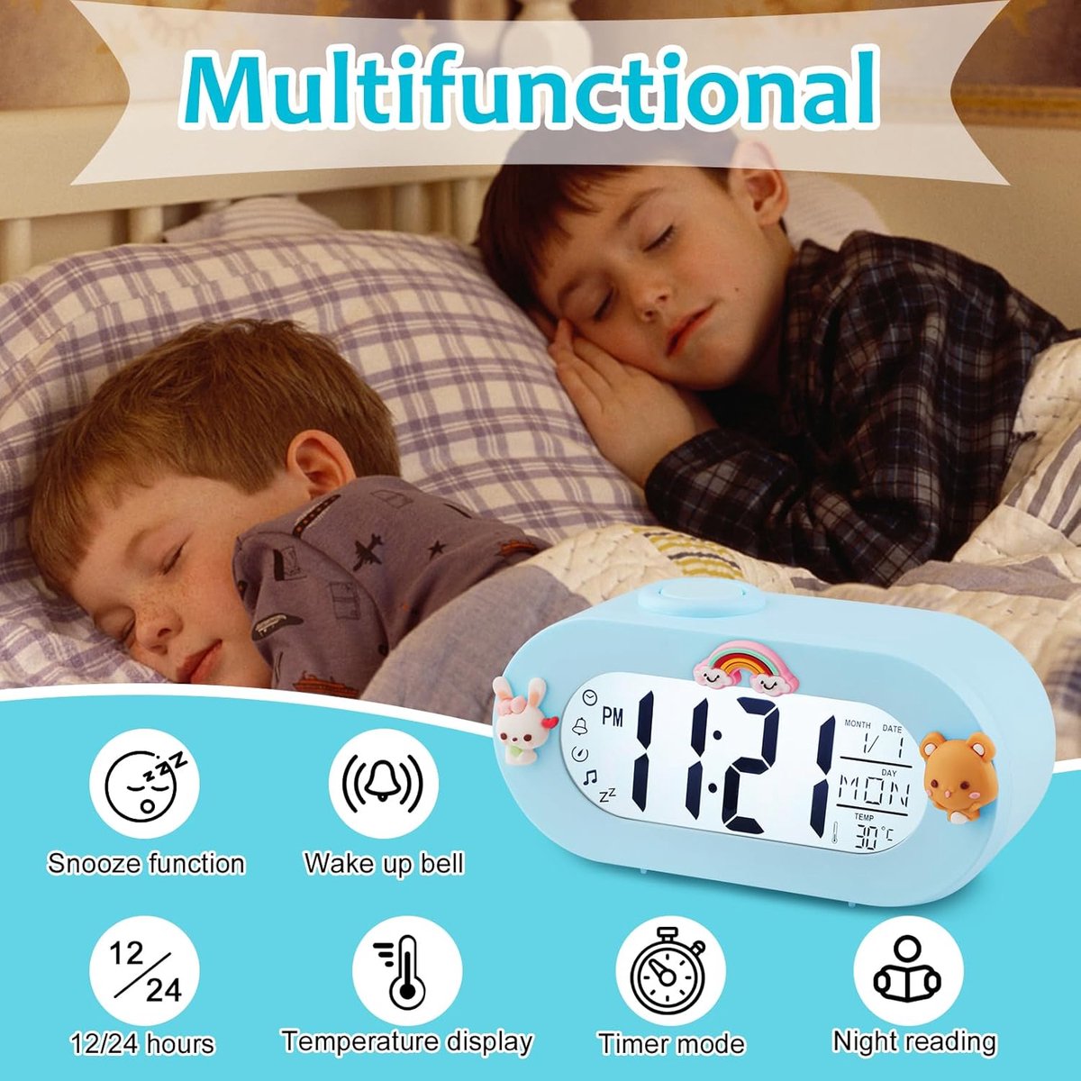 SnelShoppen - Digitale Kinderwekker met Snooze Functie, 8 Melodieuze Alarmgeluiden, Countdown Timer, LCD Display, Batterij Aangedreven, Ideaal voor Me