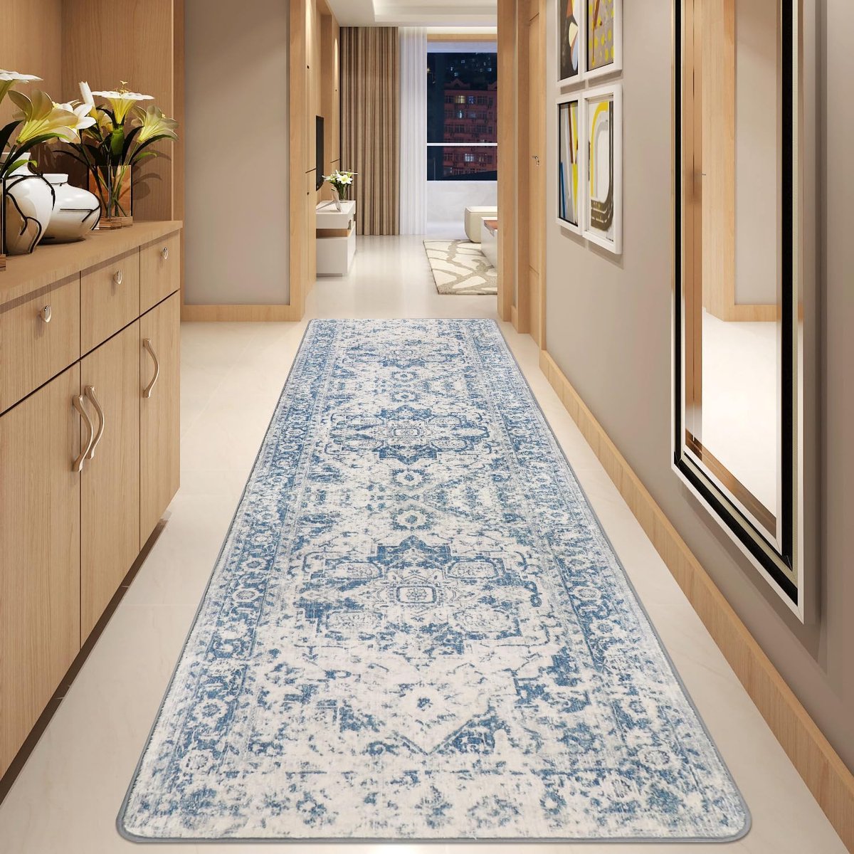 Thijox - Antislip Loper Tapijtloper 80 x 300 cm - Extra Lang Wasbaar Blauw Vintage Vloertapijt voor Hal, Keuken, Slaapkamer en Ingangen