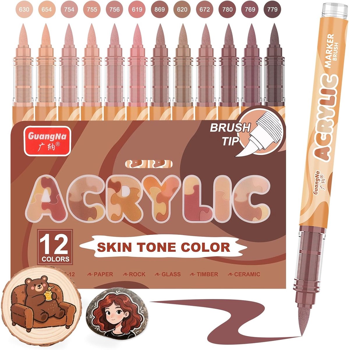SnelShoppen - Acrylviltstiften Set 12 Bruine Tinten voor Schilderen op Rotsen, Glas, Hout en Metaal - Pro Color Acrylstiften voor Knutselen en Creatie