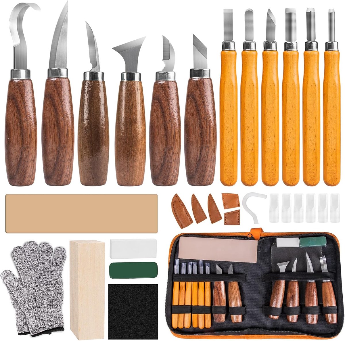 Thijox - Houtsnijgereedschapsset 30-in-1 met 12 Snijmessen, Snijbestendige Handschoenen, Slijpstenen en Leren Beschermhoes voor Beginners en Professio