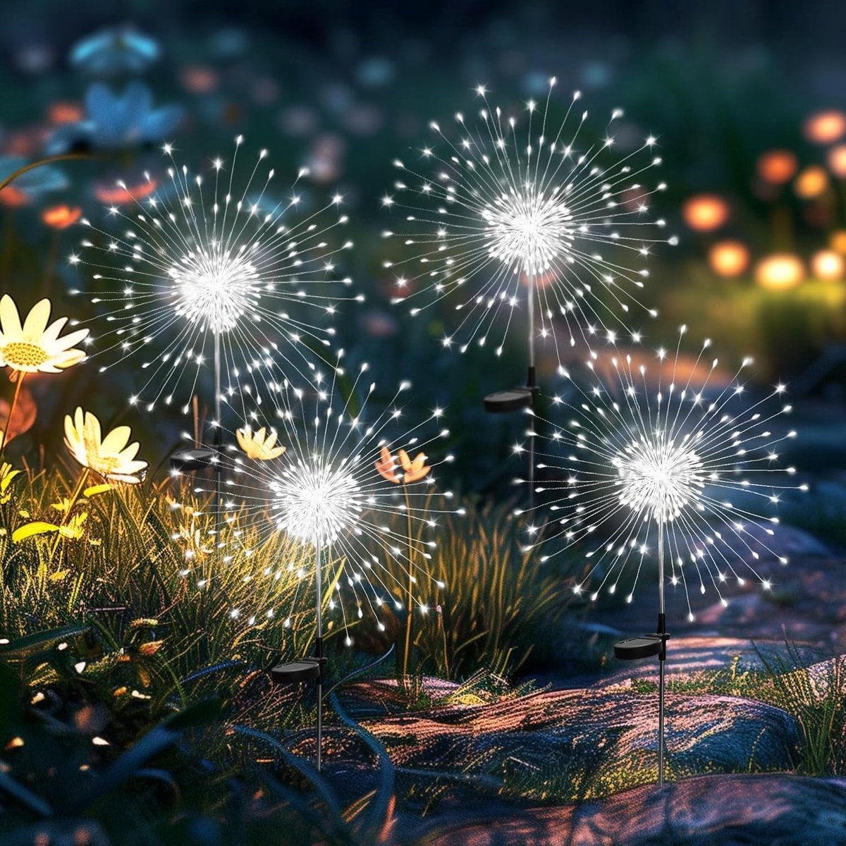 SnelShoppen - 4x GIGALUMI Solar Fireworks Lights - 120LED Waterdichte Sterrenlichtjes voor Tuin, Balkon, Terras, Plantenbak - Koud Wit - Feestdecorati