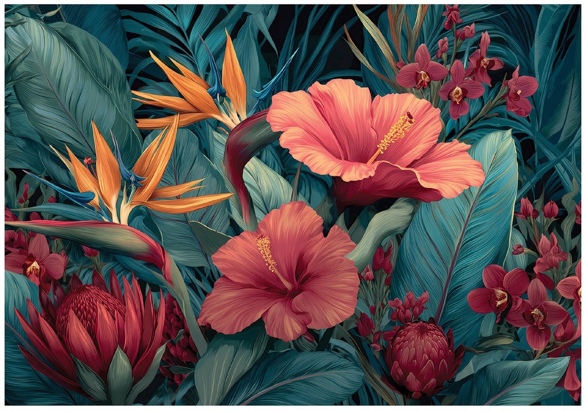 WALLARENA - Fotobehang - 150x105 cm - bloemen, bladeren en jungle voor woonkamer en slaapkamer