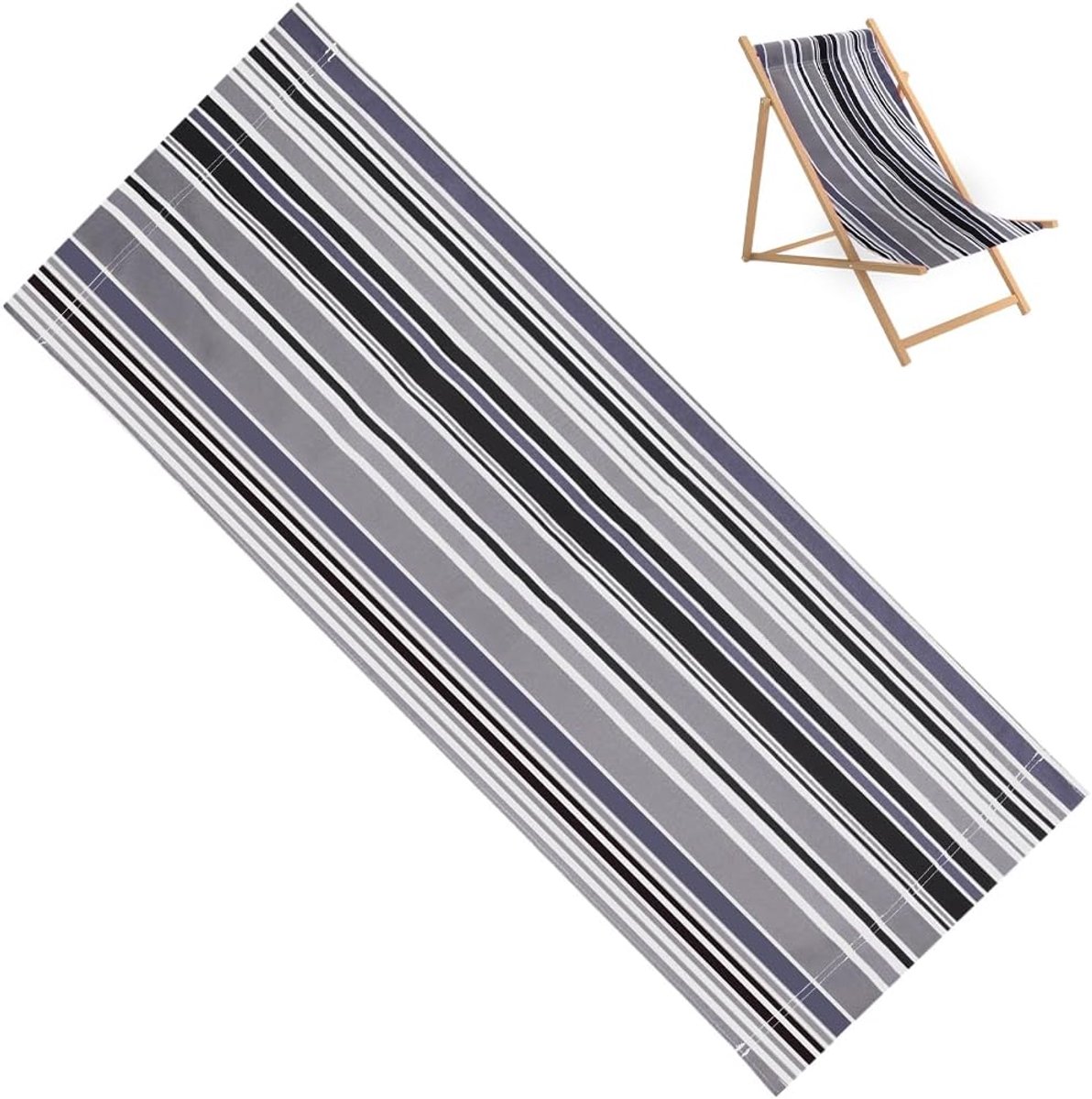 SnelShoppen - Beach Garland Stoel Canvas Vervangingsdoek 113x43cm Grijs Zwart Wit Strepen Voor Ligstoelen Tuin, Camping, Buiten, Opvouwbaar