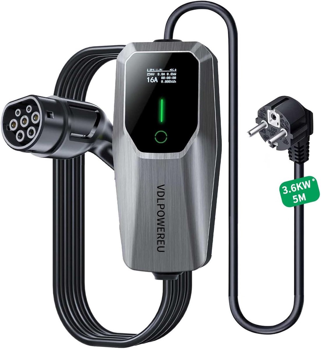 SnelShoppen - EV Charger Type 2, 16A, 3.6 KW, 5 m Oplaadkabel voor Elektrische Auto's, EU-Schuko, IP65, Geschikt voor MG4, Peugeot, Tesla, E-208
